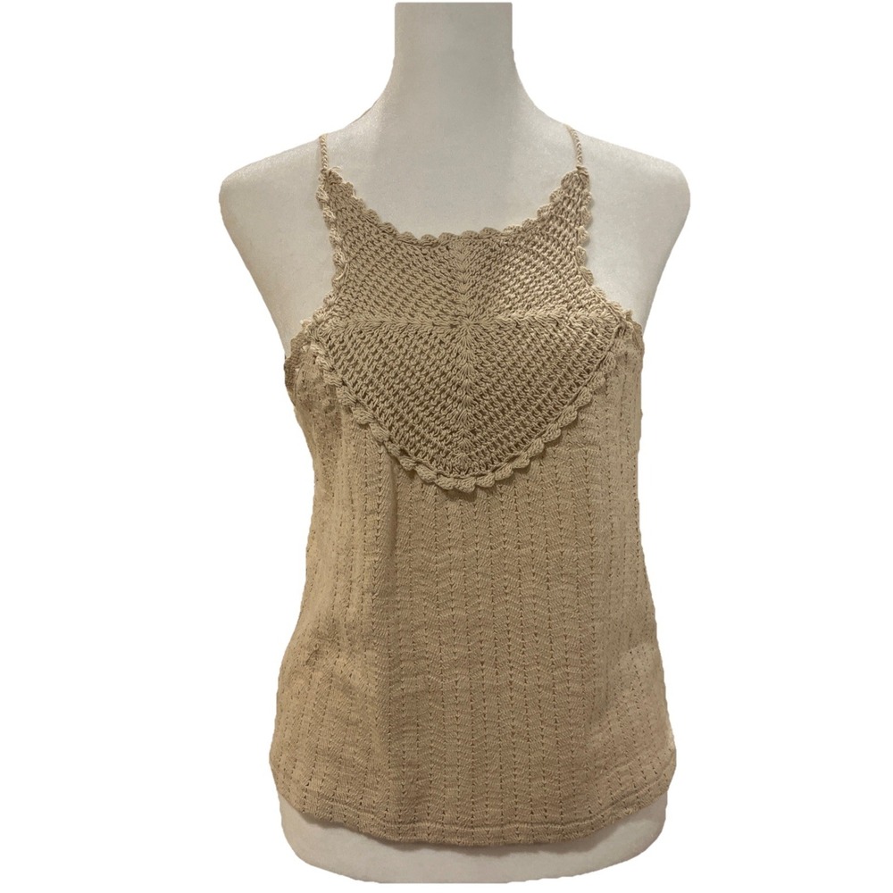 H&M Crochet Knit Crop Top Tank Breaded Strap Beige Scalloped Cotton Boho Size XS